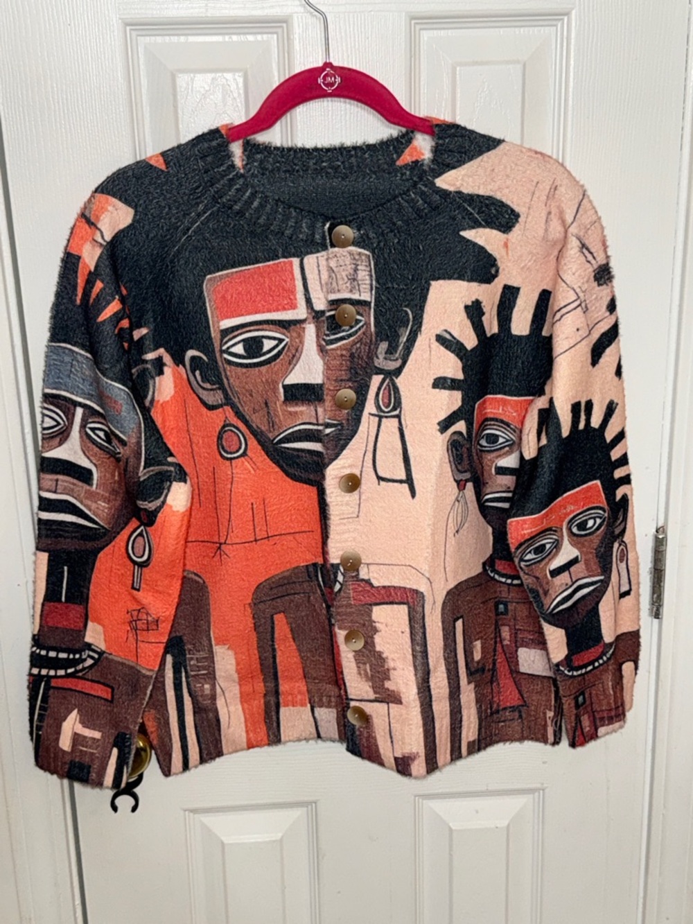 Graphic Button-Front Sweater Cardigan - Black Orange - Picture 3 of 6